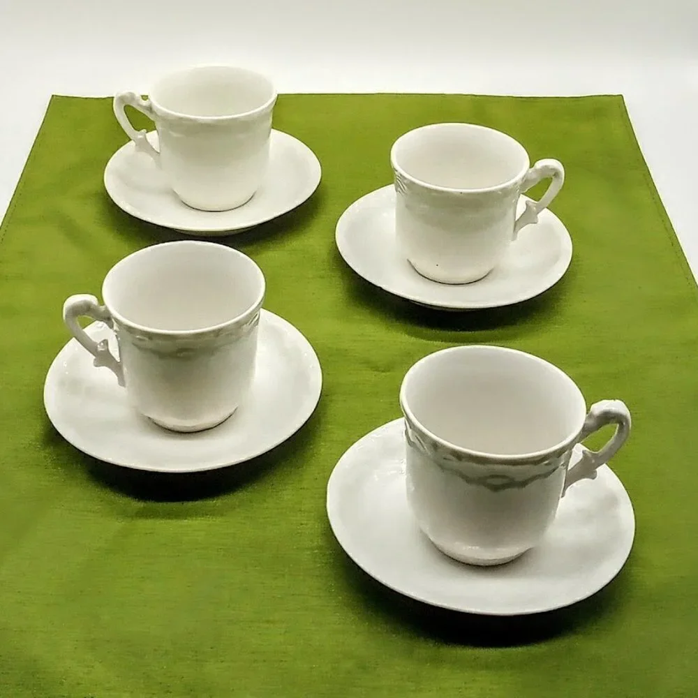 Set of 4 White Porcelain Demitasse Cups & Saucers